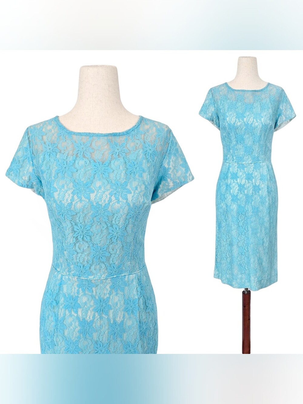 1950s Vintage Dress 50s Lace Wiggle Sheath Cocktail Blue Hourglass ILGWU Small